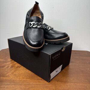 Vionic Charm Cynthia Lug Sole Slip Black Loafers Leather Shoes Womens 7.5 New